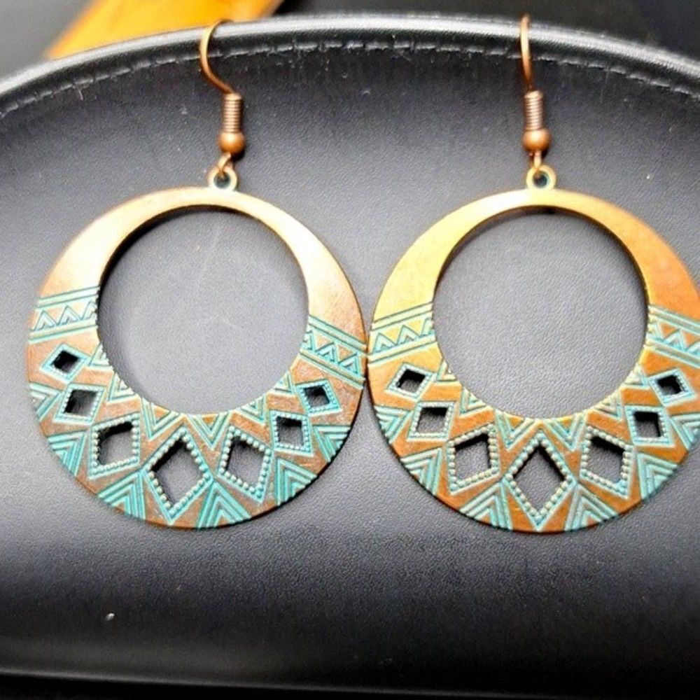 Bronze tribal hoop Earrings with Turquoise